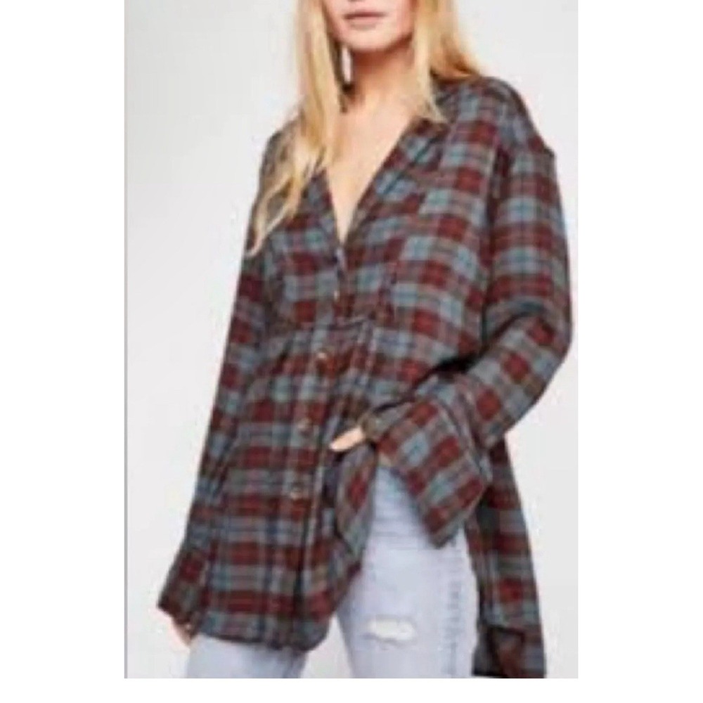 Free People Shirt Womens S/Small Plaid Button Down‎ Flannel Tunic Grunge Raw Hem